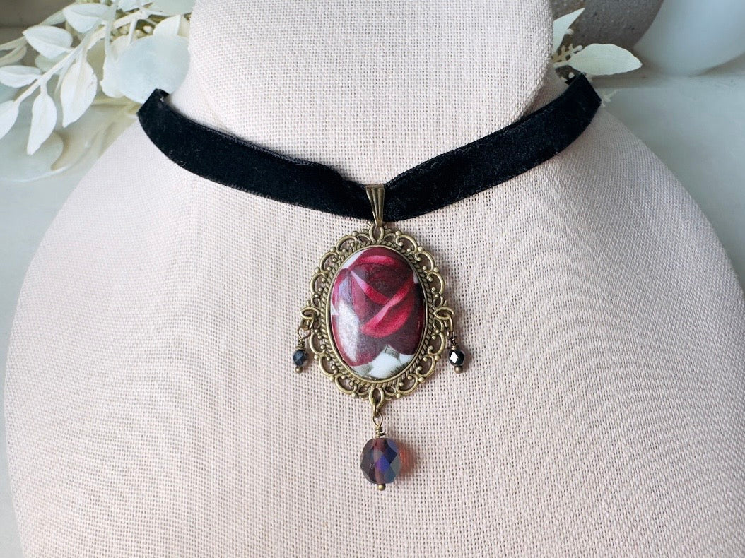 Victorian Choker with Burgundy Rose Vintage Cameo and Black Velvet Ribbon, Handmade Gothic Choker with Flower Pendant and Crystals