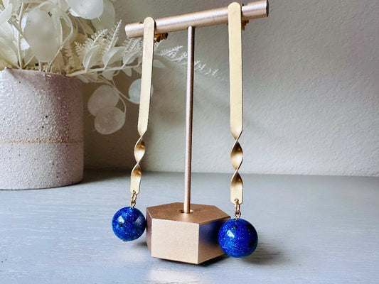 Lapis Blue and Matte Gold Vintage Drop Earrings, 1980s Runway Chic Dramatic Maximalist Extra Long Earrings, Pierced Faux Lapis Earrings