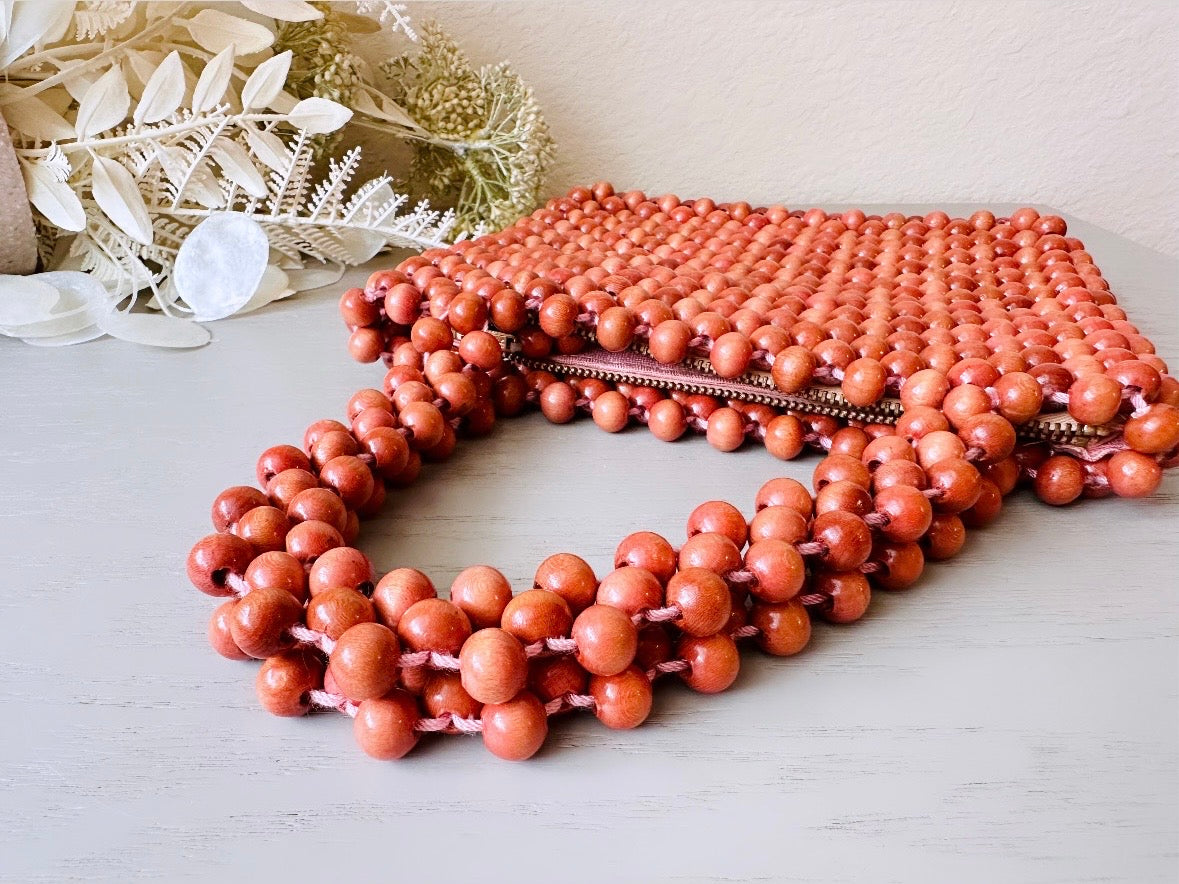 1960s Wood Beaded Purse, Handmade in Japan Vintage Mantessa Bag Fully Beaded Warm Brown Wooden Purse, True Vintage Stylish Bohemian Handbag