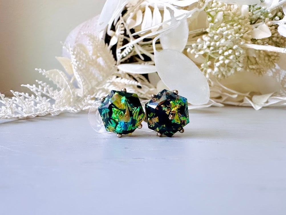 Green Hexagon Earrings, Vintage Glitter Confetti Pierced Earrings, Unique Party Vintage Earrings, Pierced Vintage Metallic Green Earrings