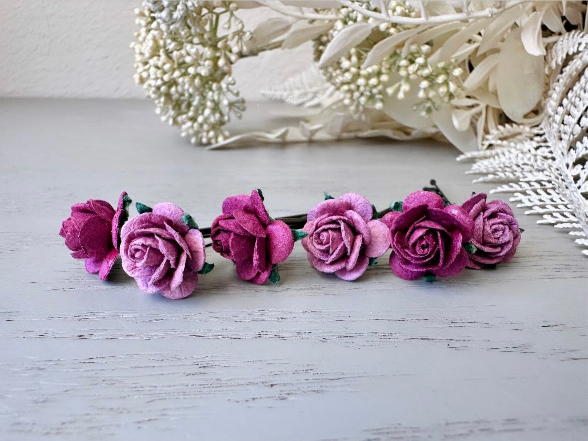 Rose Hair Pins in Wine Purple and Soft Lilac,  Paper Flower Bobby Pins, Merlot Wedding Rustic Hair Pins, 6 Floral Autumn Fall Hair Flowers MPR6