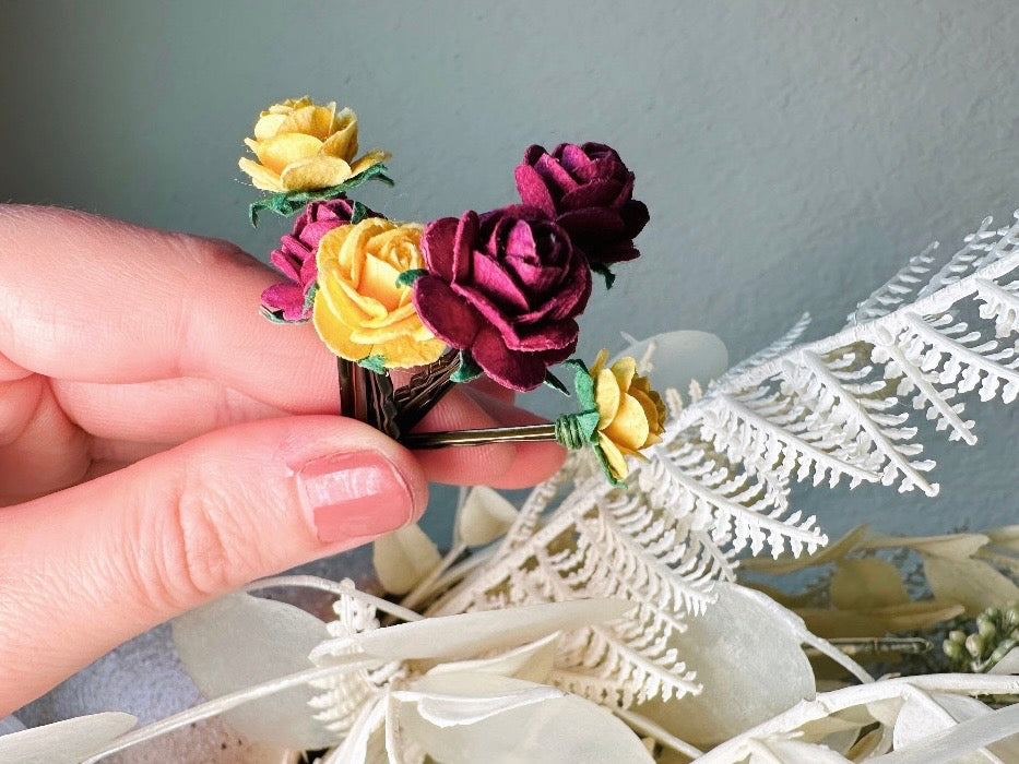 Rose Hair Pins in Marigold Yellow & Plum Wine, Paper Rose Bobby Pin, Floral Hair Accessories, Handmade Flower HairPins for Wedding Prom Hair from Piggle and Pop