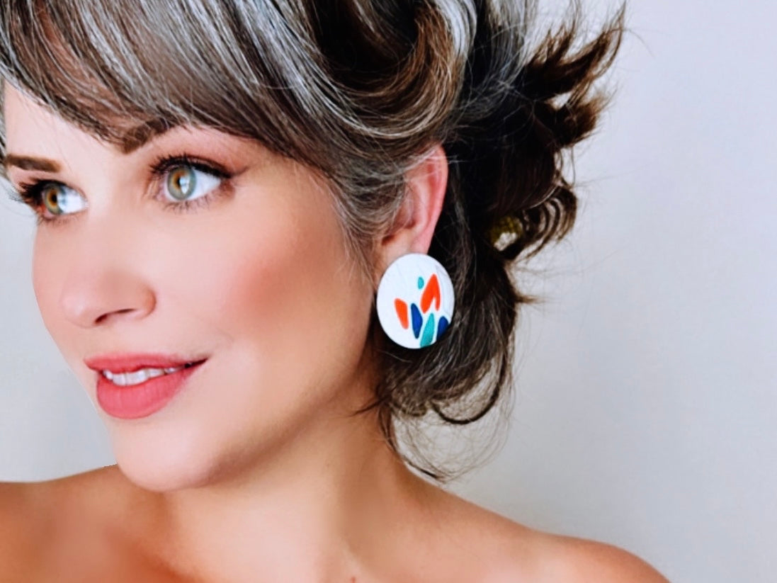 Teal Orange Blue and White Oversized Geometric Enamel Earrings, Fun 1980's Vintage Earrings, Colorful Interesting Retro Painted Earrings