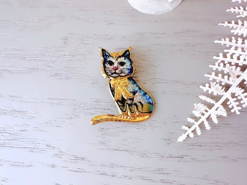 Vintage Cat Brooch, Blue Sparkly Cat Pin, Gold Trimmed Glitter 1980s Vintage Kitty Cat Broach Pin, Quirky Animal Brooch Cat Lover Gift