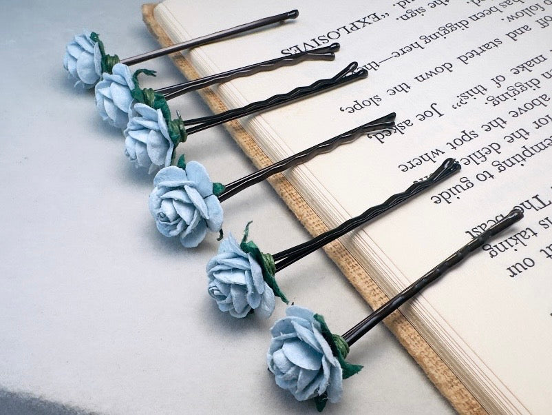 Ice Blue Flower Hair Pins, Handmade Mulberry Paper Rose Bridal Bobby Pins