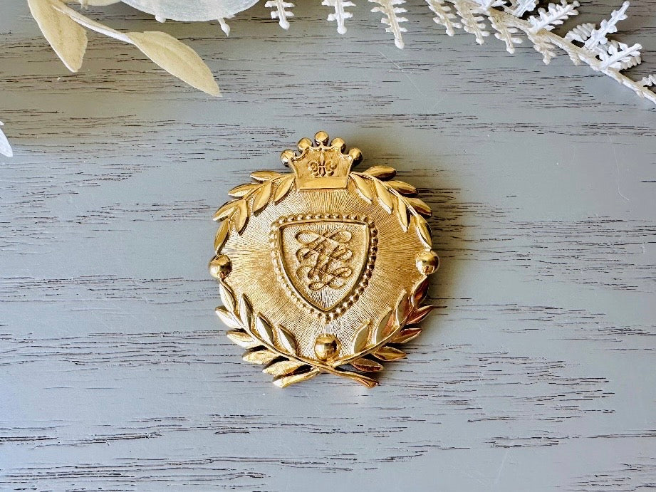 Vintage Shield Brooch, Incredible Heraldic Coat of Arms Brooch, Antique Gold Brooch, Vintage Classic Gold Brooch Pin