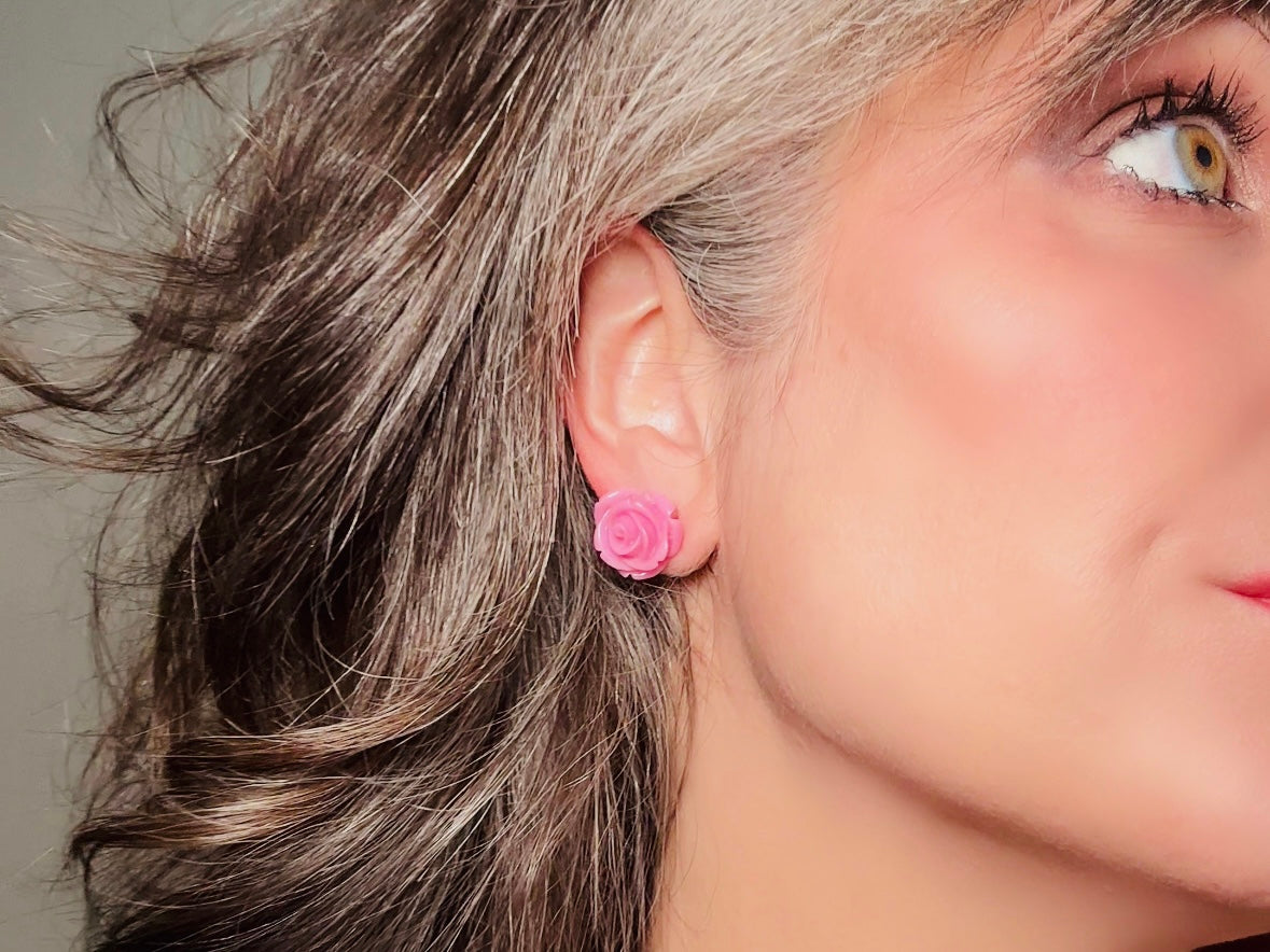 Purple Rose Stud Earrings, Lilac Purple Studs, Large Rose Earrings, Resin Cabochon Rosettes, Purple Bridesmaid Jewelry, Floral Jewelry Gifts