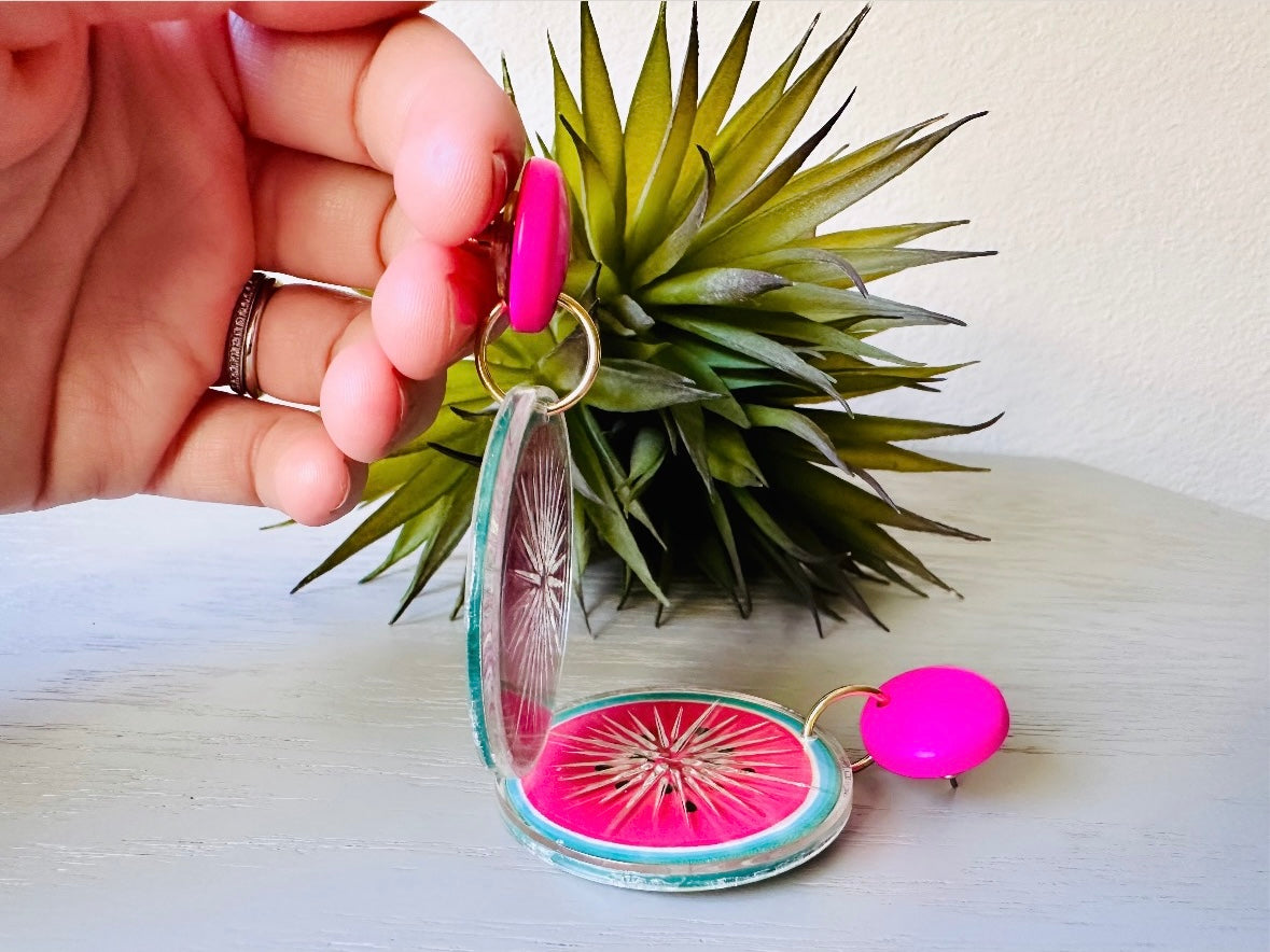 Vintage Watermelon Earrings, Hot Pink 1993 Tooty Fruity Summer Fruit Earrings, Vintage Acrylic 90s Does 60s Retro Watermelon Slice Earrings