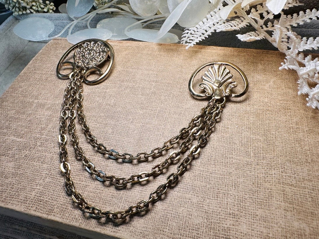 Gold Deco Sweater Pins, Classic Vintage Gold Cloak Chatelaine Pins with Draping Chains, Triple Chain Brooch Pair, Double Fan Pins Brooches