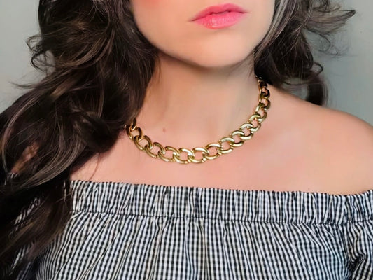 Gold Monet Necklace, 18" Medium Link Gold Chain Designer Vintage Necklace, 80s Gold Choker Necklace, High Fashion Runway Gold Collar