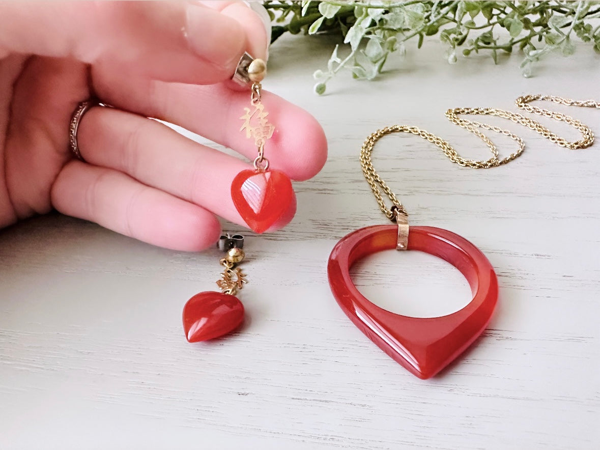 Carnelian Heart Necklace & Earring Set, Red Heart Earrings with Gold Charm, Long Gold Pendant Necklace with Hollow Heart + Matching Earrings