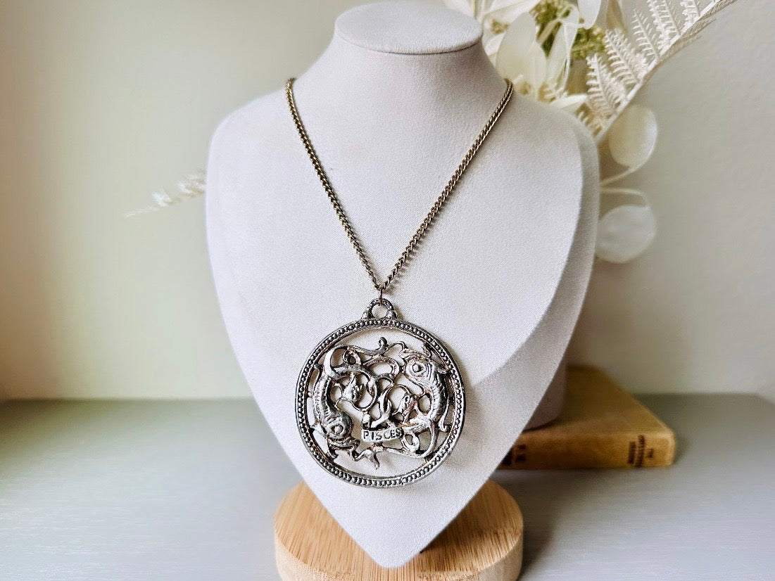 Vintage Pisces Zodiac Necklace, Star Sign Astrology Necklace, Unique Birthday Necklace, 24" Long Silver Pendant Necklace Vintage Astrology