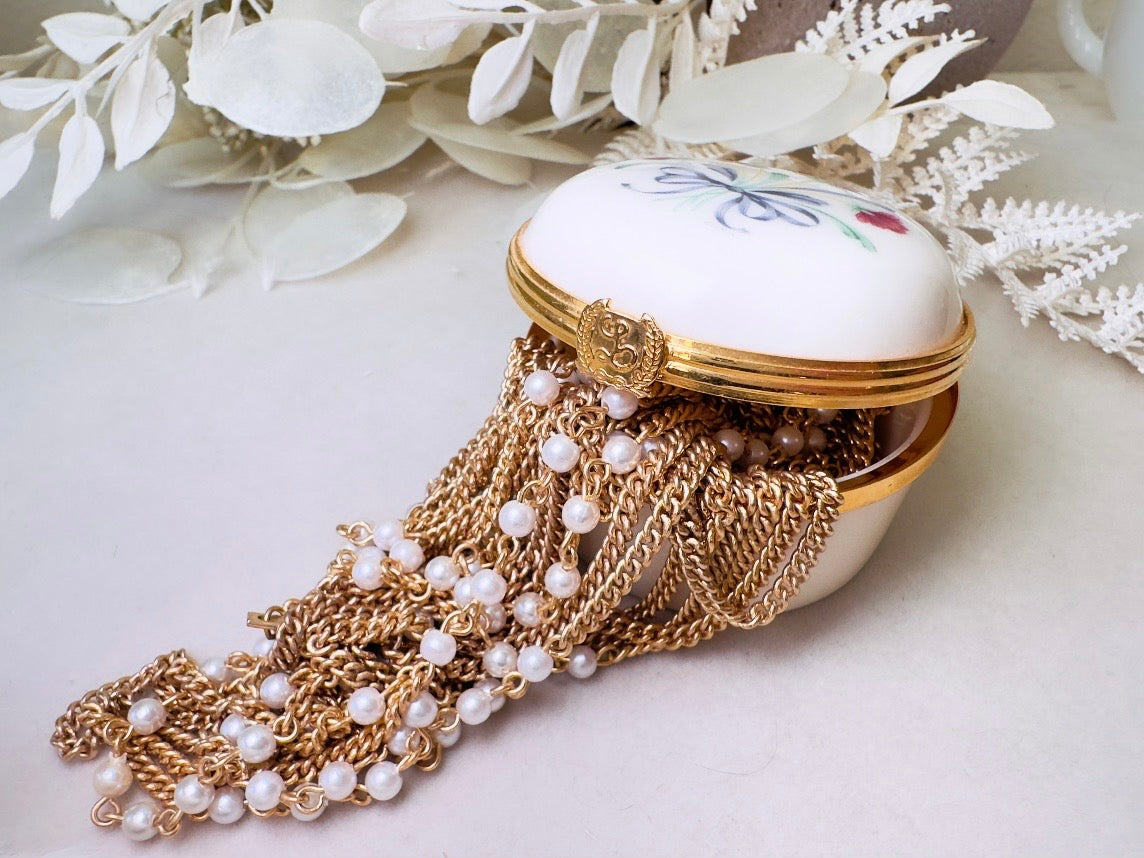 Vintage Lenox Trinket Box, Floral Porcelain Miniature Jewelry Box, Retired Cream Ceramic with Gold Accents, Pink Flowers, Blue Ribbon