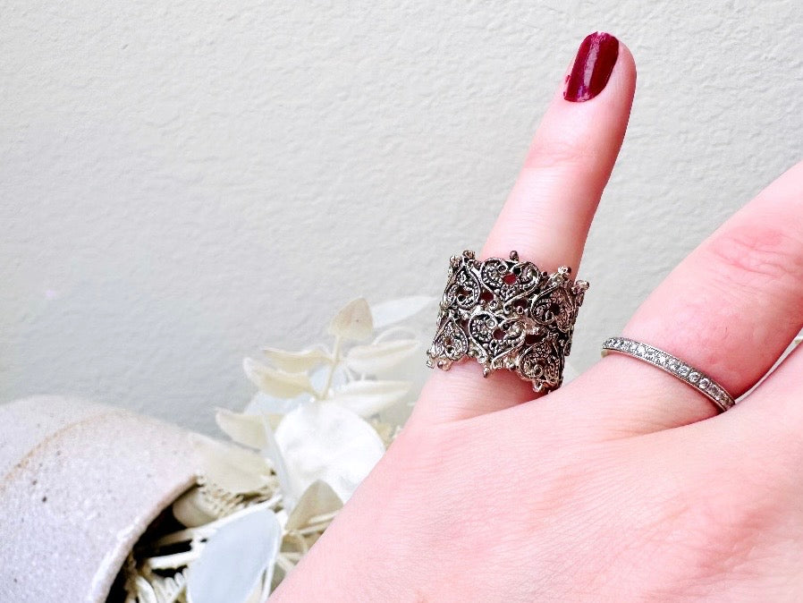 Silver Filigree Ring, Antique Silver Lace Ring with Hearts + Cut Outs, Vintage Statement Ring, Thick Band Costume Cocktail Ring, Size 6