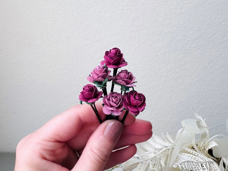 Rose Hair Pins in Wine Purple and Soft Lilac,  Paper Flower Bobby Pins, Merlot Wedding Rustic Hair Pins, 6 Floral Autumn Fall Hair Flowers MPR6