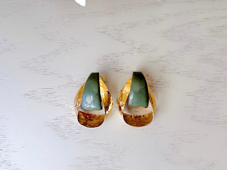 Vintage Statement Earrings Green & Gold Oversized Hammered Gold Looped Earrings, 1970s Pierced Post Dangle Earrings with Olive Sage Enamel