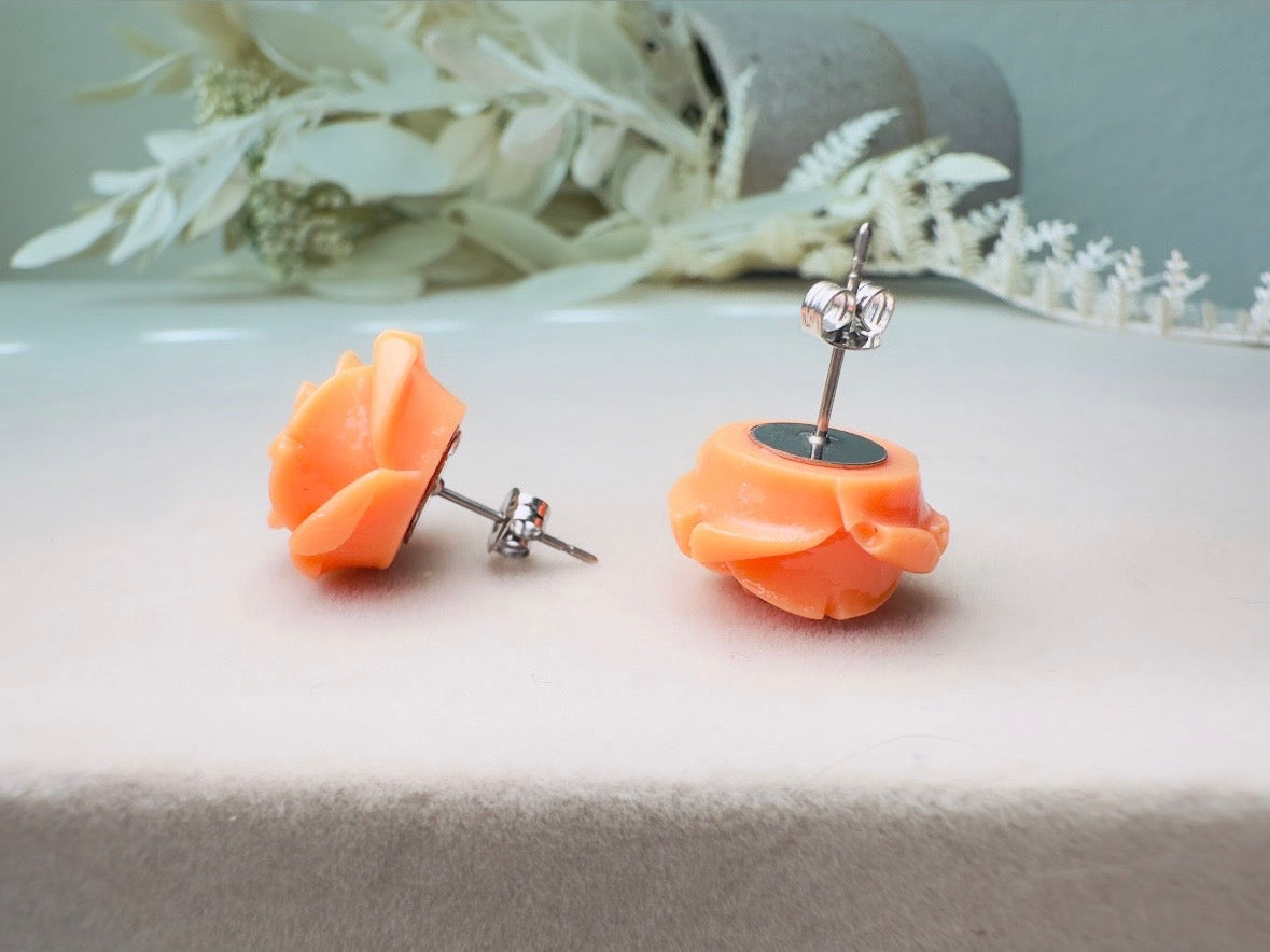 Orange Rose Earring, Light Orange Sorbet Summer Earrings, Colorful Cute Large Rose Stud Earrings, Resin Cabochon Rosettes, Hypoallergenic
