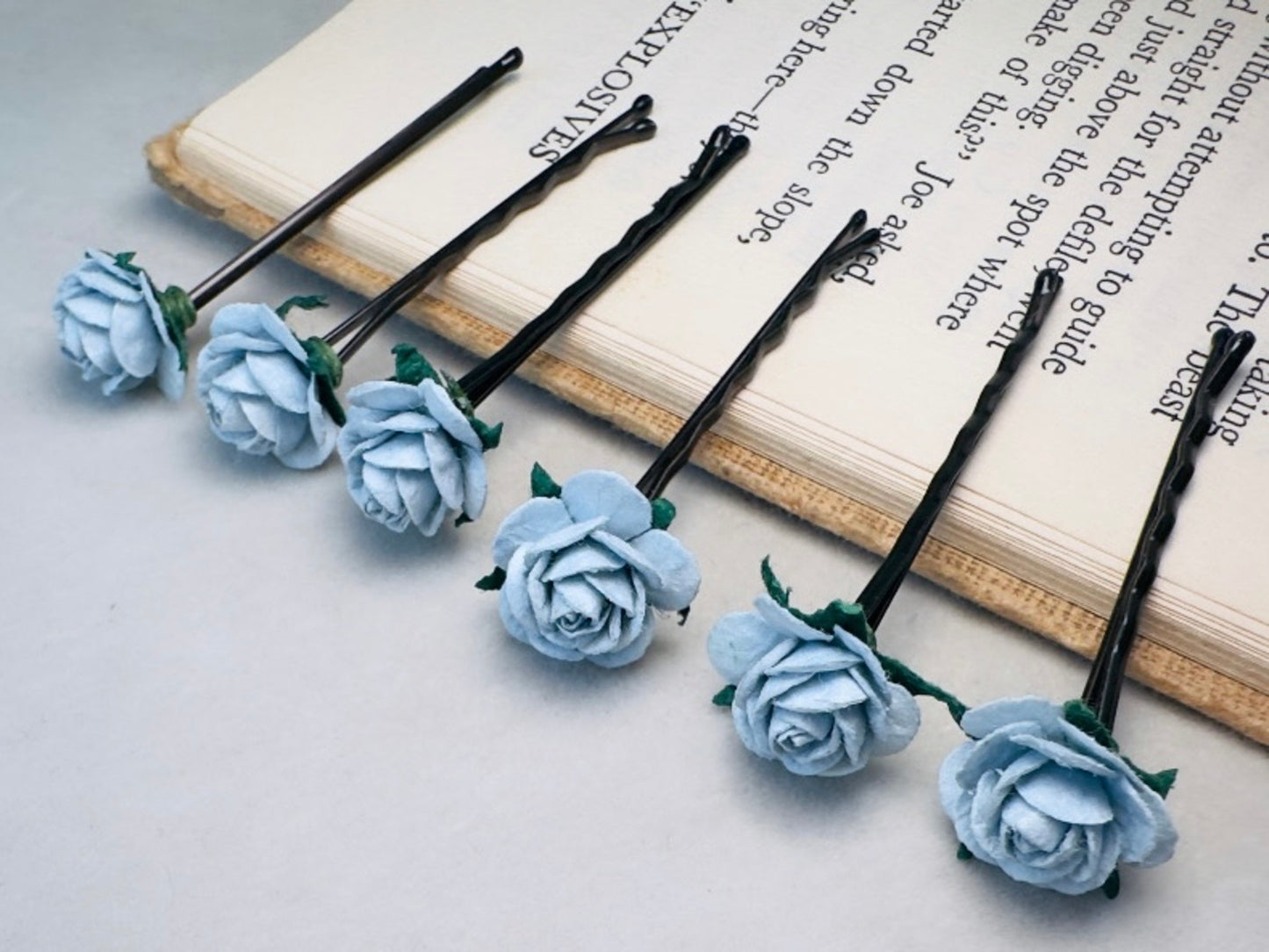 Ice Blue Flower Hair Pins, Handmade Mulberry Paper Rose Bridal Bobby Pins