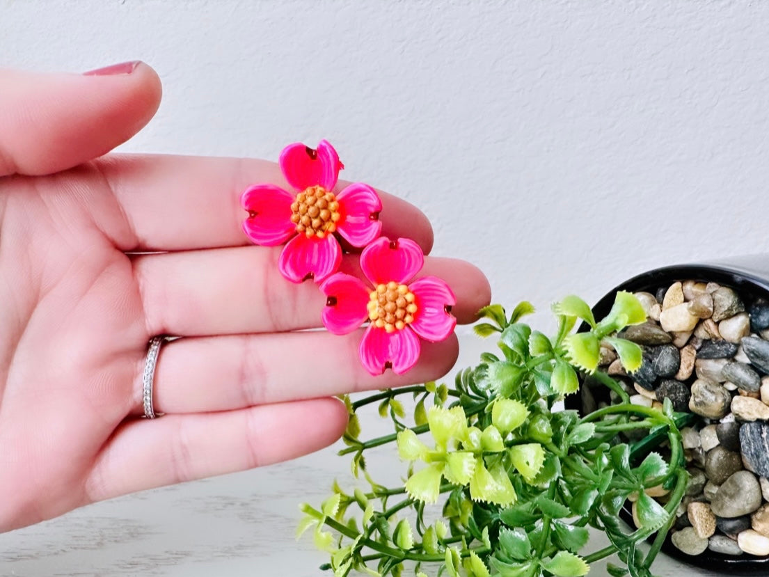 Hot Pink Flower Clip On Earrings, Vibrant Bright Pink Vintage Earrings, Oversized Pretty Flower Earrings, Neon Pink Flower Clip-Ons