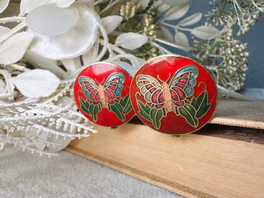 Vintage Cloisonné Earrings, Large Button Earrings in Red with Colorful Cloisonne Butterfly Gold Tone Clip Earrings, 1970s Vintage Jewelry