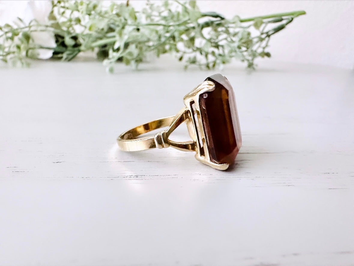 Vintage 70s Ring, Large Solitaire Topaz Rectangle Emerald Cut 1978 Smoky Lustre November Birthstone Cocktail Ring, Chunky Costume Jewelry