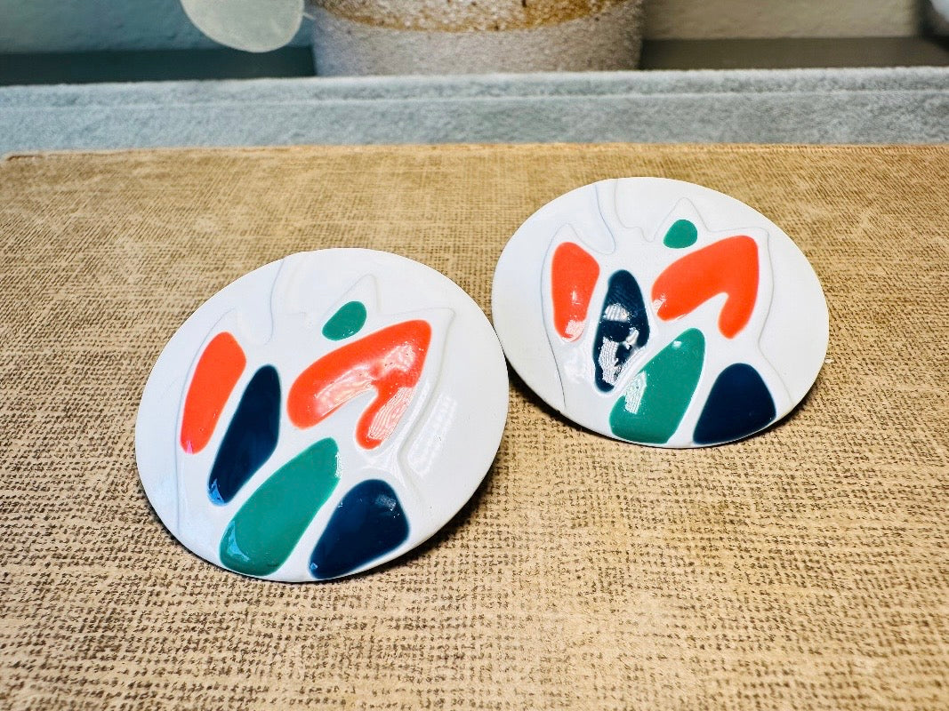 Teal Orange Blue and White Oversized Geometric Enamel Earrings, Fun 1980's Vintage Earrings, Colorful Interesting Retro Painted Earrings