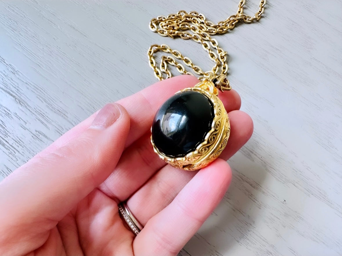 Black Locket Necklace, LCI Gold Locket Ball Rare Jet Black Sphere Pendant Necklace, Long Chain Vintage Liz Claiborne Faux Onyx Locket Pendant