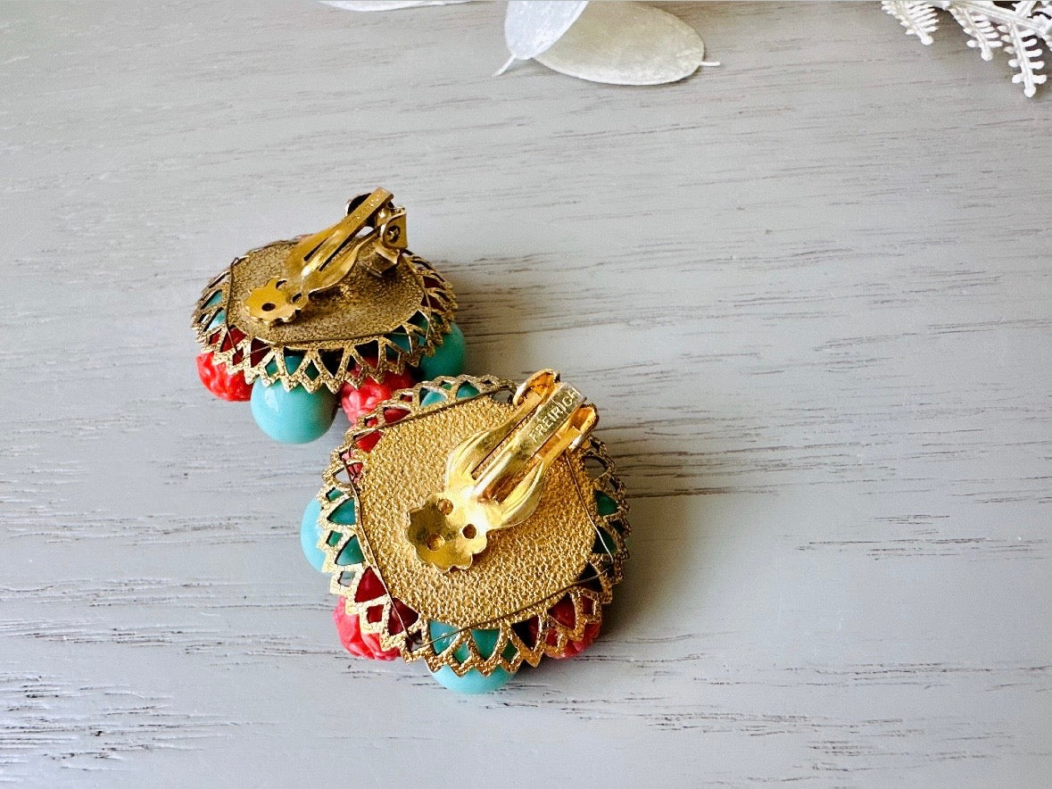 Colorful 60s Mod Earrings, Rare Signed Freirich Beaded Cluster Earrings, Coral and Turquoise Statement Earrings, 1960s Clip On Earrings