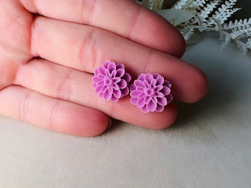 Purple Flower Earrings, Handmade Big Dahlia Resin Flower Stud Earrings