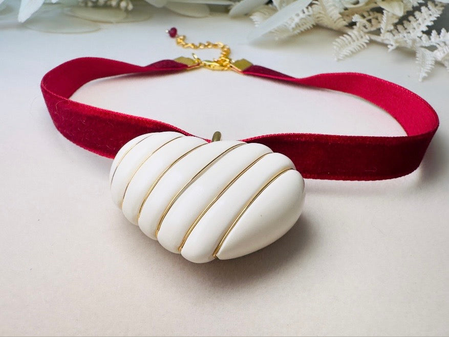 Cream and Gold Vintage Striped Puffy Heart Pendant on Cranberry Red Velvet Choker