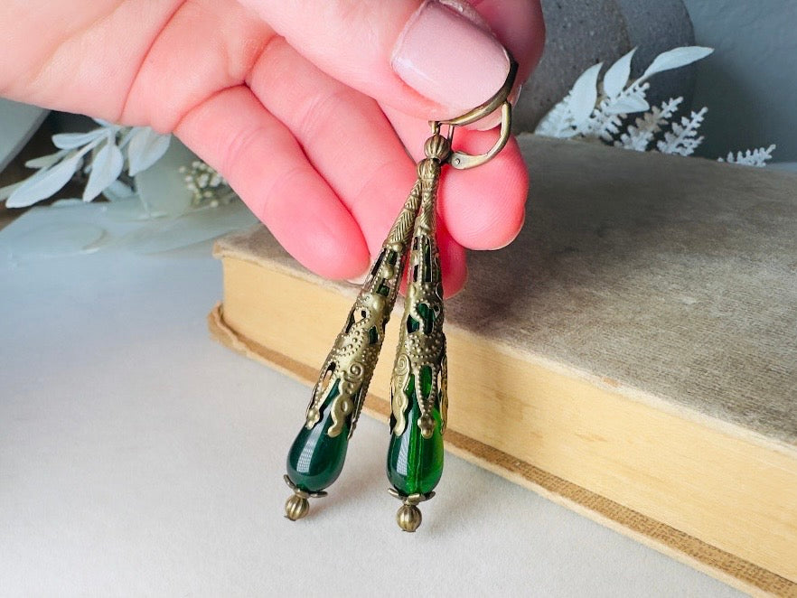 Green Teardrop Earrings, Handmade Renaissance Jewelry with Victorian Filigree, Romantic Gothic Long Beaded Crystal Dangle Earrings