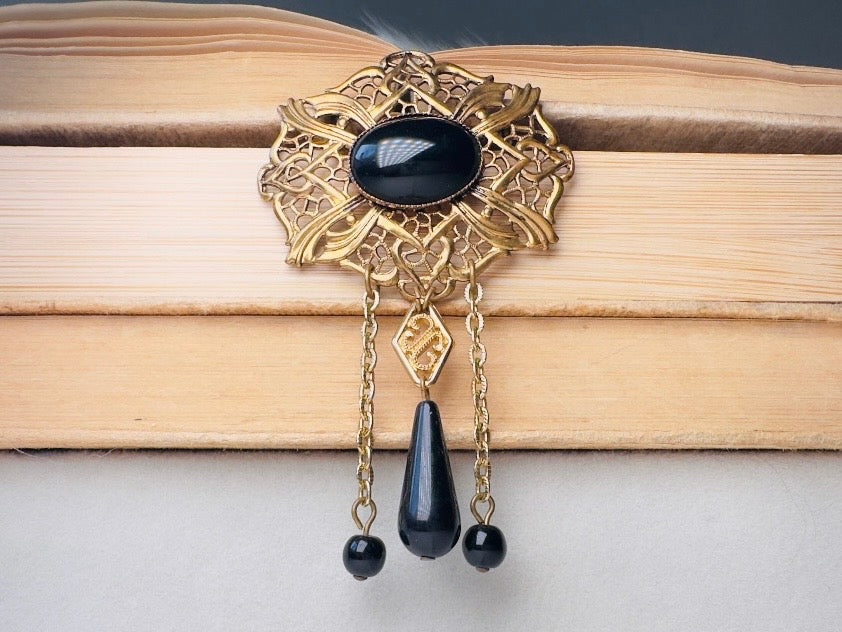 Black Victorian Brooch, Antique Filigree Pin with Black Cameo & Chain Tassels  Romantic Victorian Revival Jewelry