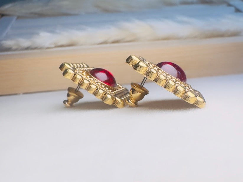 Red Gripoix Earrings, Vintage 1928 Post Earrings, Embossed Gold Square Earrings with Glowing Red Cabochons
