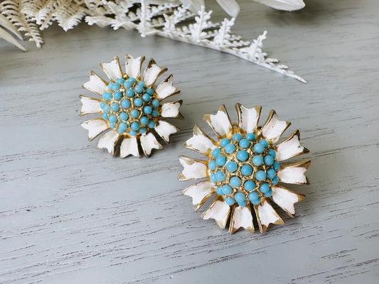 Vintage WEISS Earrings, Gold Tone Cream Enamel Flower Earrings with Tiffany Blue Beaded Centers, Designer Vintage Floral Clip On Earrings