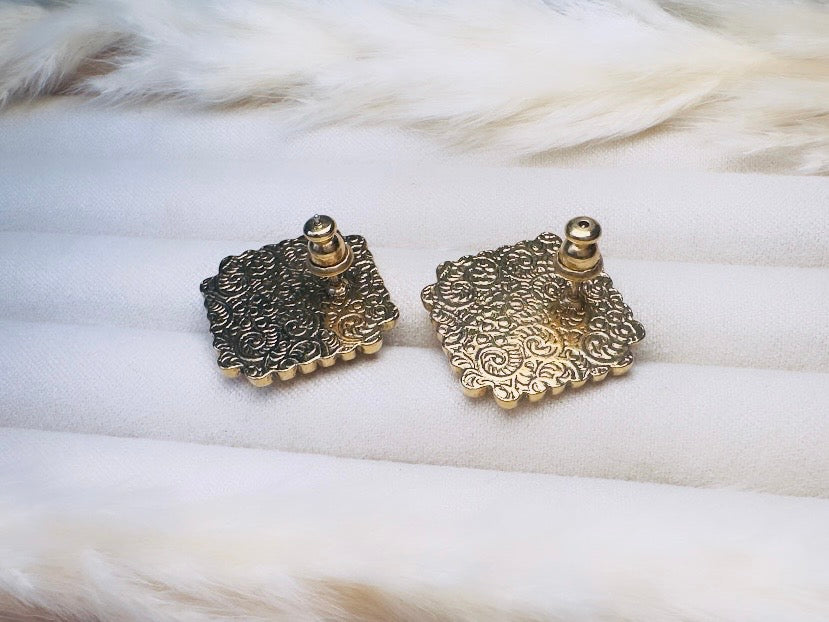Red Gripoix Earrings, Vintage 1928 Post Earrings, Embossed Gold Square Earrings with Glowing Red Cabochons