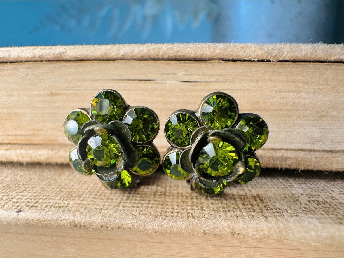 Green Rhinestone Flower Earrings, Small Vintage 1960s Olive Green Crystal Clip On Earrings
