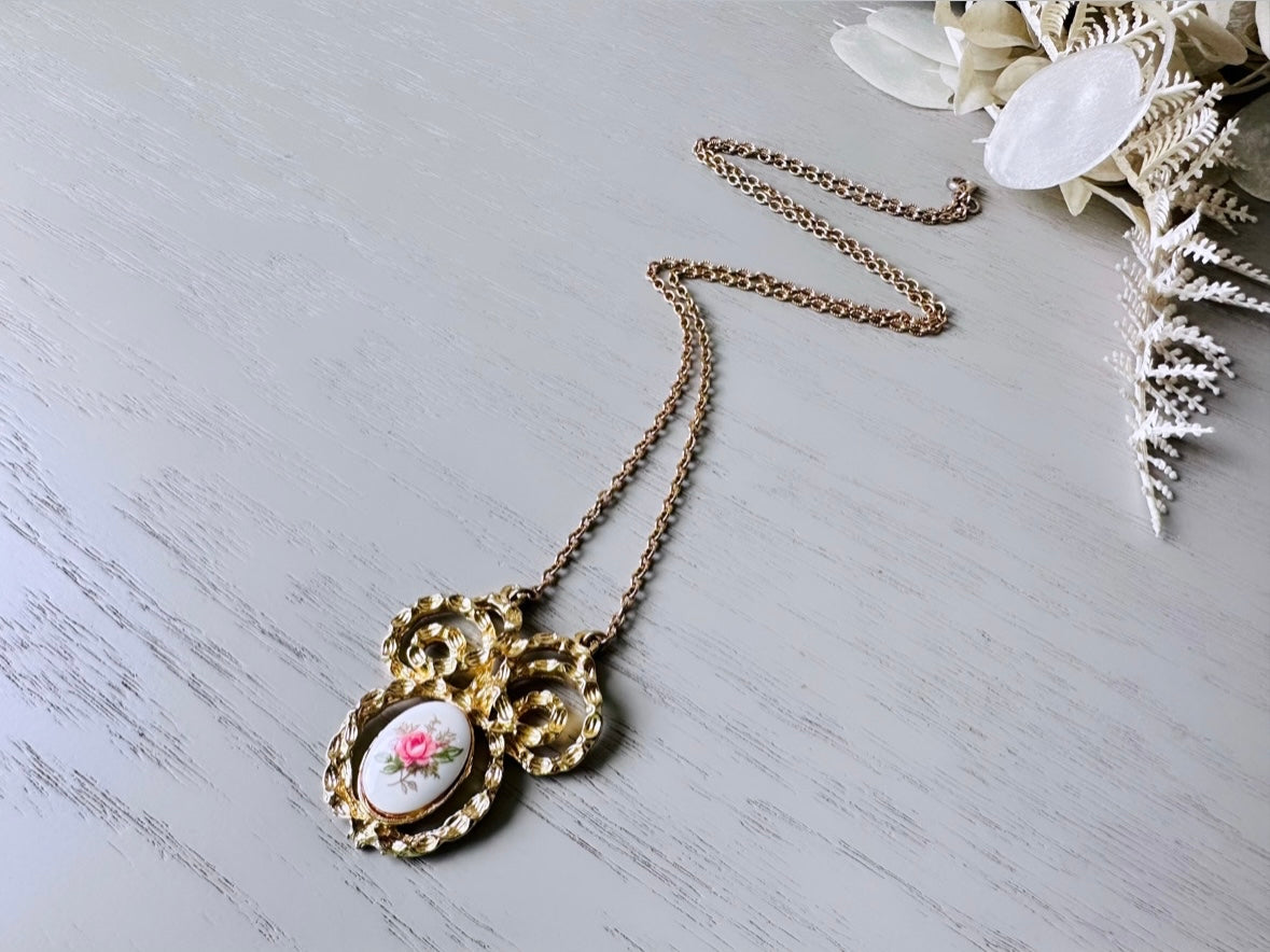 Pink Rose Cameo Necklace, Vintage Gold Tone Floral Pendant Necklace, Whimsical Porcelain Rose Flower Pendant Necklace, Long 24" Gold Chain