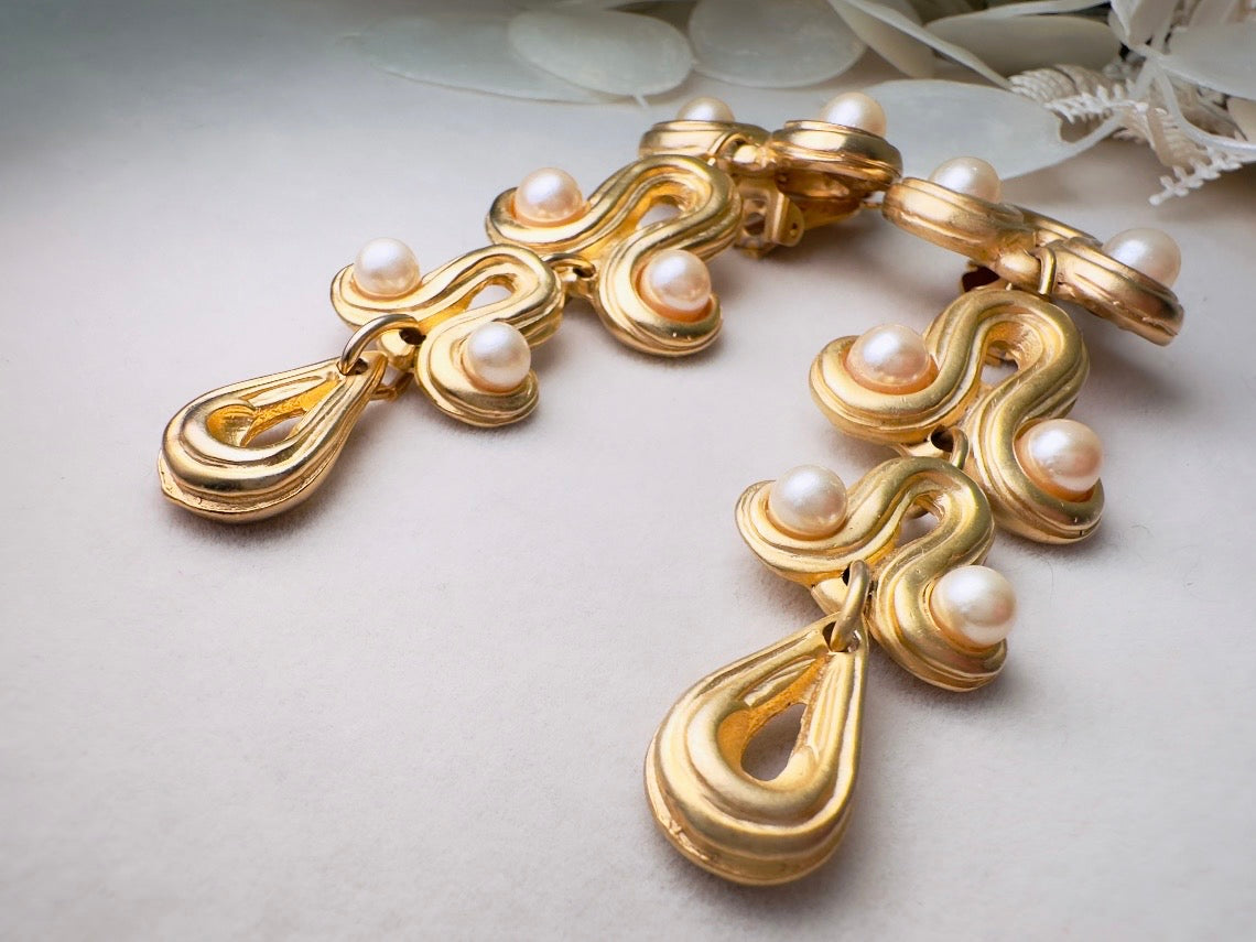 Vintage Blanca Designer Pearl Drop Oversized Matte Gold Clip On Earrings