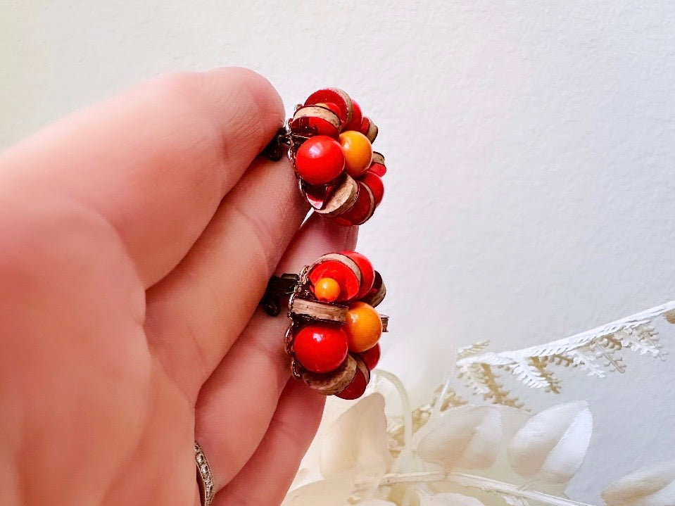 Vibrant 1960s Earrings, Red + Orange Vintage Beaded Clip On Earrings, Japanese Earrings w Wood Discs and Rhinestones, Authentic 60s Earrings