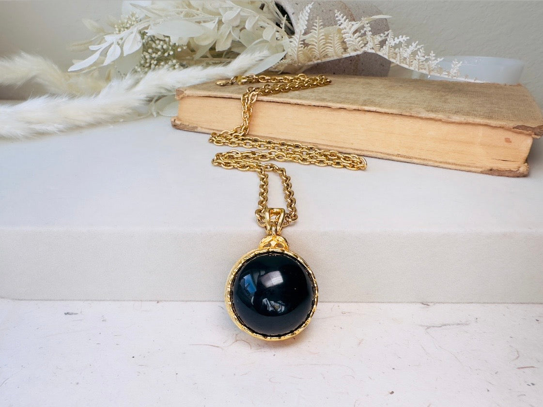 Black Locket Necklace, Sphere Locket Pendant Necklace on Extra Long Gold Chain, Vintage Liz Claiborne Necklace