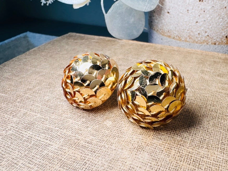 Gold Sequin Earrings, 1970s Party Earrings, Pierced Post Earrings, Big Gold Dome Earrings Covered in Sequins, Authentic Disco Earrings