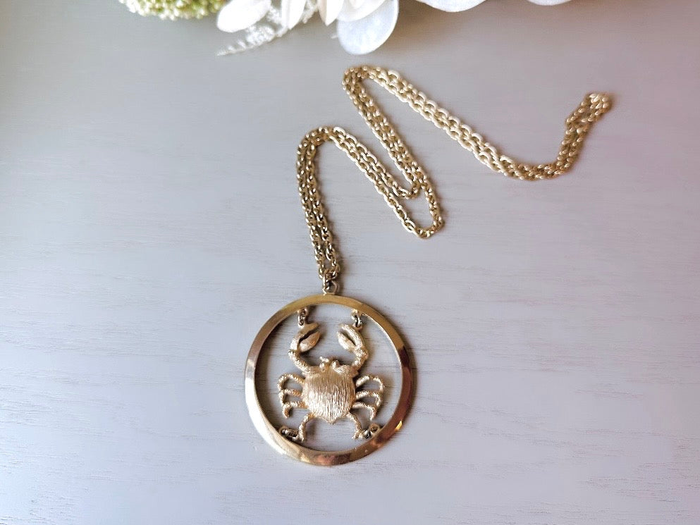 Vintage Cancer Zodiac Necklace, Star Sign Astrology Necklace, Unique Birthday Necklace, 30" Long Gold Pendant Necklace Vintage Astrology