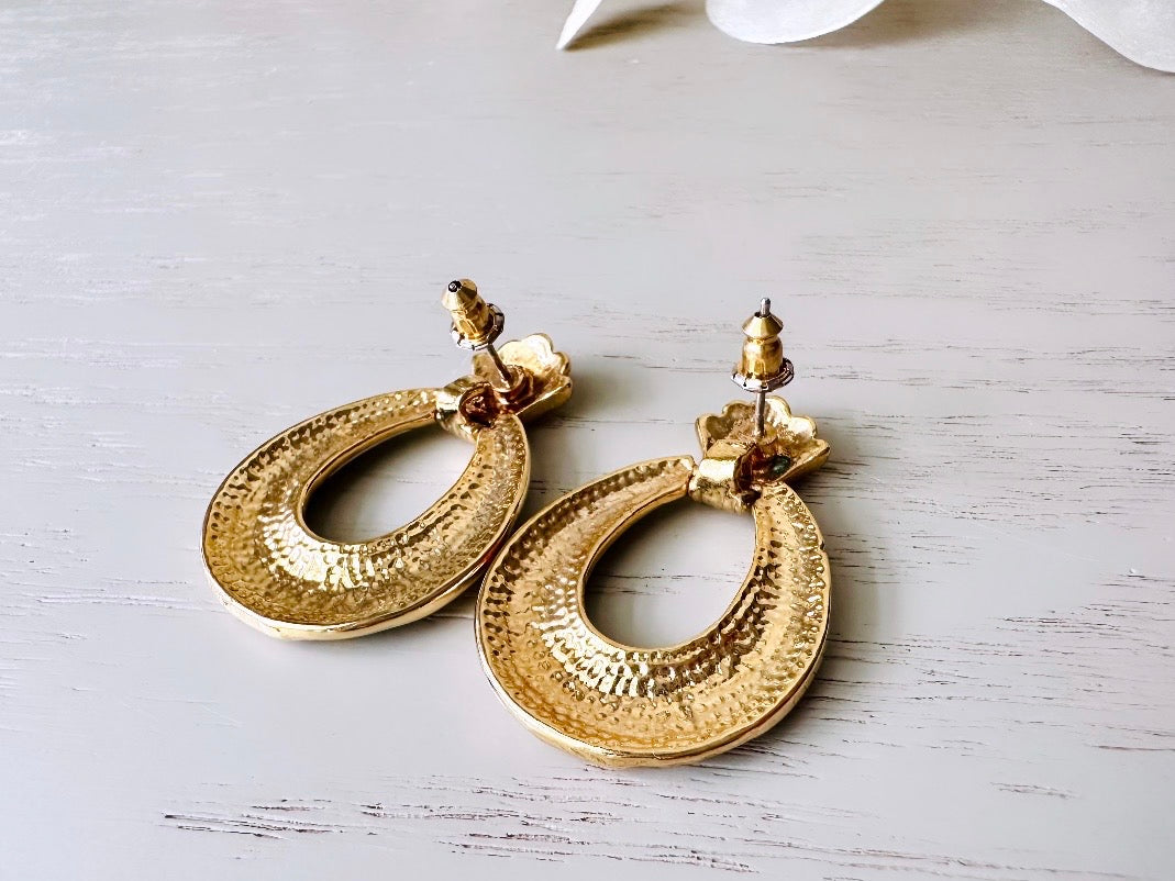 Vendome Cream and Gold 80's Door Knocker Earrings, Vintage Vendome Pierced Earrings, 1980s Designer Jewelry Gorgeous Hoop Post Earring