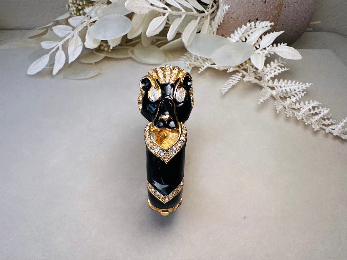 Vintage Giorgio Black Panther Bracelet, Black Enamel Pave Rhinestone and Gold Signed 80s Designer Cuff