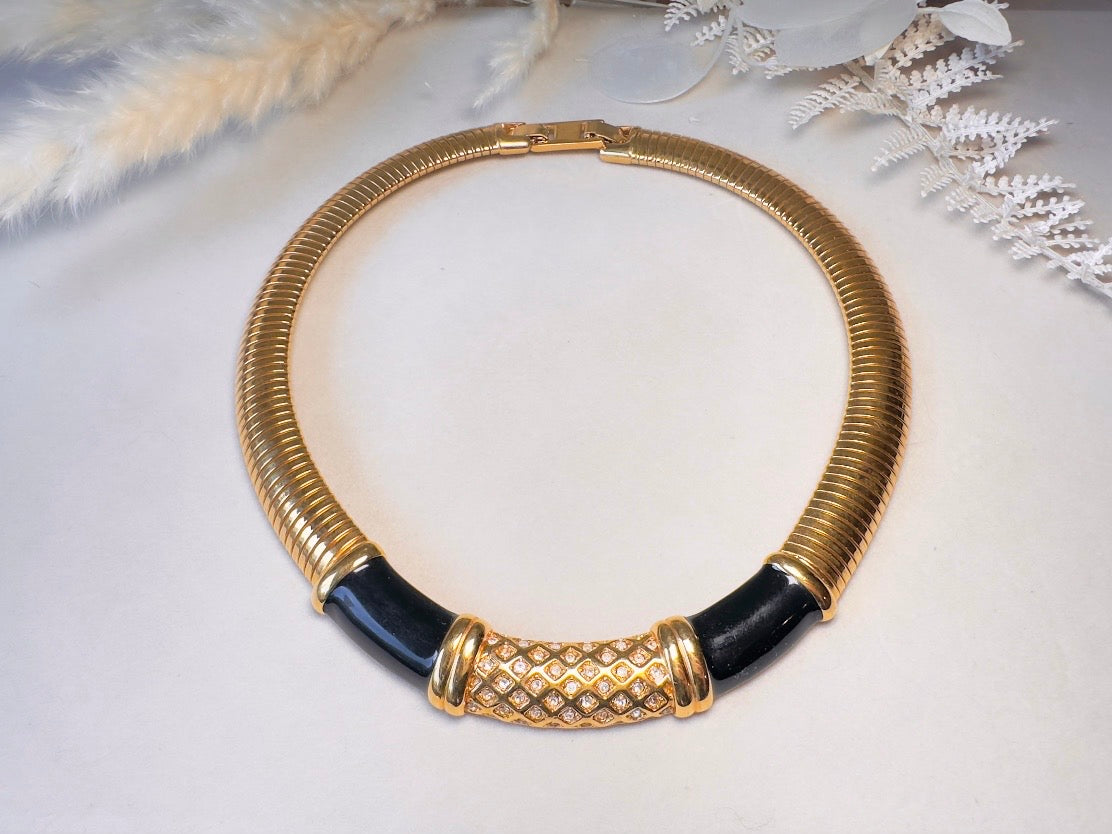 Vintage Omega Necklace, Black and Gold Monet Designer Vintage Necklace with Pave Rhinestones and Black Enamel