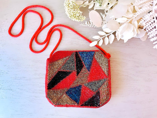 Red 1980s Vintage Beaded Handbag, Geometric Triangle Purse, Incredible 80s Hand Beaded Purse with Gold Black Blue and Peacock Green Accents