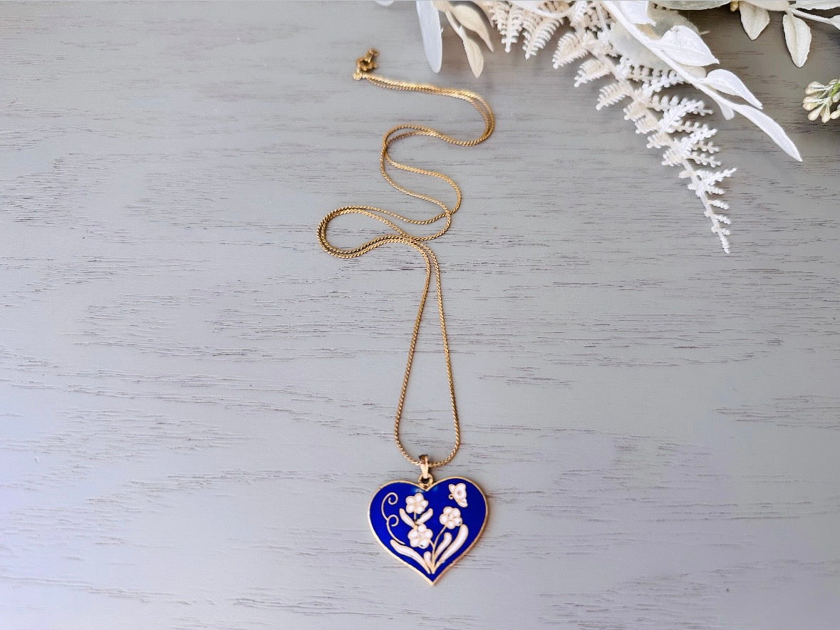 Blue Heart Necklace, Vintage Cobalt Blue Heart Pendant Necklace with White Flowers