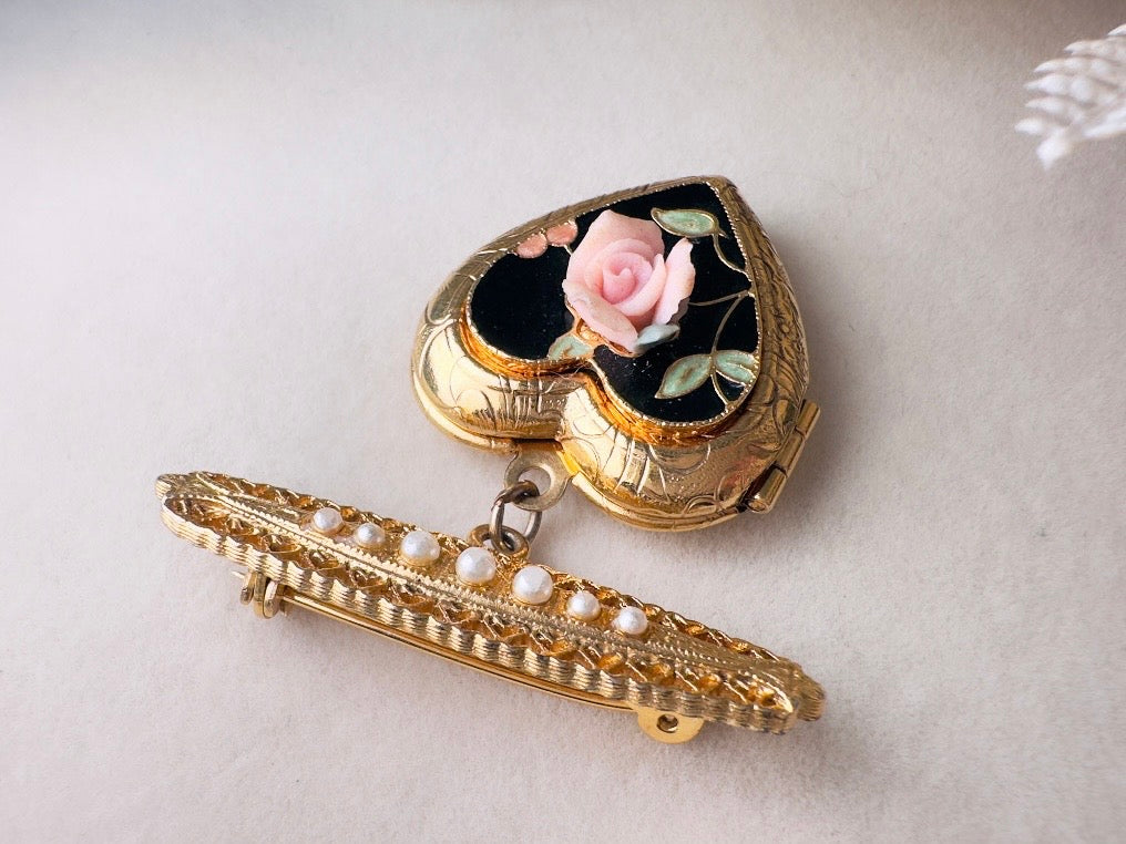 Vintage Heart Locket Brooch, Victorian Pearl Bar Pin Romantic Regency Era Embossed Gold Heart Pin with Black Heart and Pink Ceramic Rose