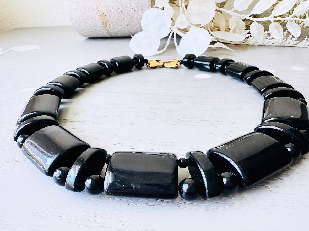 Vintage Black Monet Necklace, Runway Couture Jet Black Lucite Beaded Necklace w Stunning Gold Clasp, Rare Signed Designer Vintage Necklace