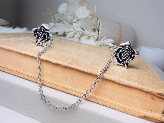 Vintage Rose Sweater Clips, 1950s Silver Chain Collar Clips, Old Money Floral Cardigan Clips